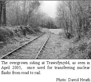Overgrown siding at Trawsfynydd, as seen in April 2005,  once used for transferring nuclear flasks from road to rail.